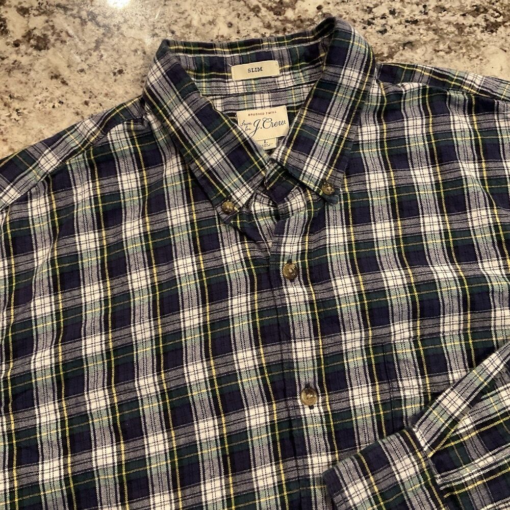 J Crew Shirt Men Large Blue Plaid Brushed Twill Slim Fit Long Sleeve Button Down
